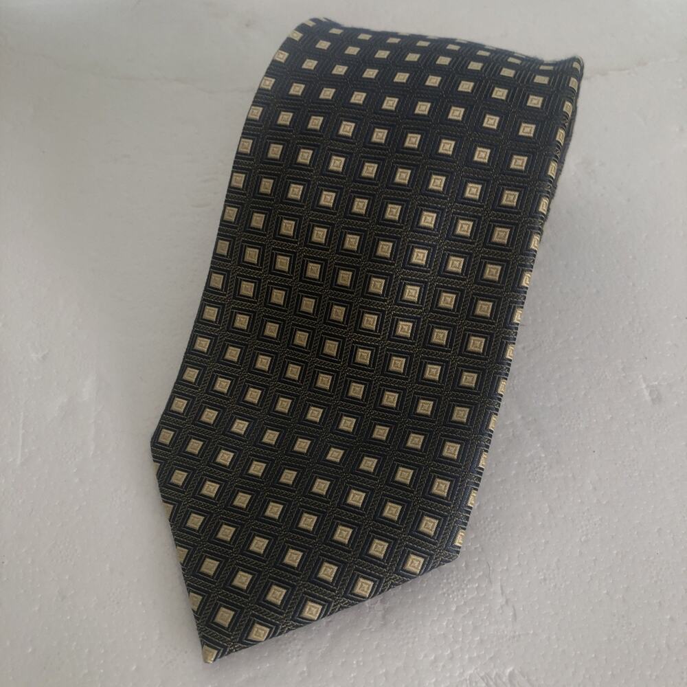 100 % Silk tie Black and gold Geometric Square "Neat" Pattern 58"L 3 1/2 wide